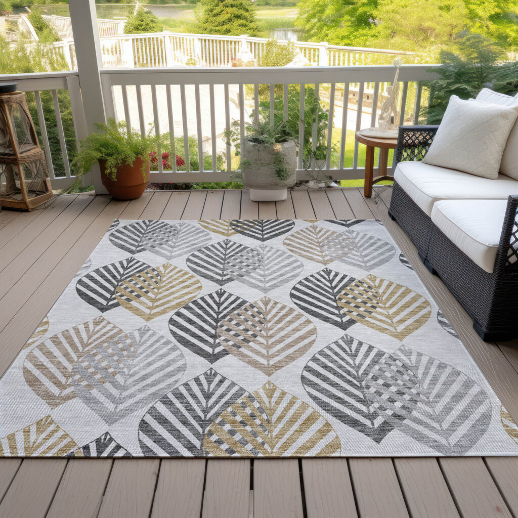 9' X 12' Silver Gray And Gold Floral Washable Indoor Outdoor Area Rug