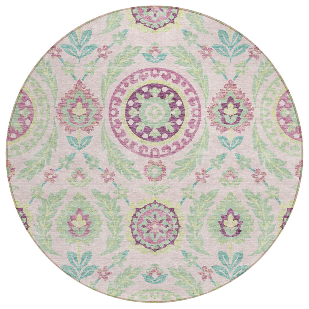 8' Pink Mauve And Mint Green Round Floral Washable Indoor Outdoor Area Rug