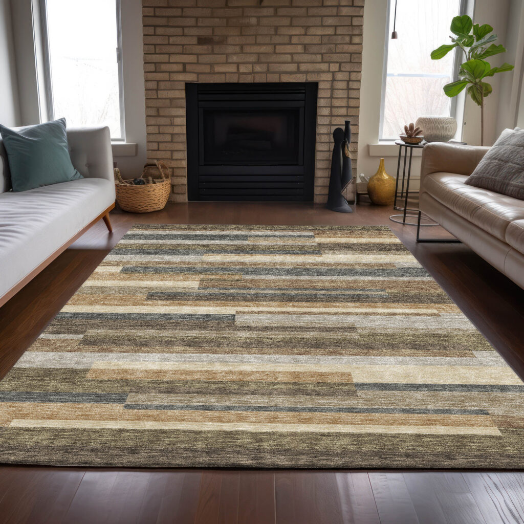 8' X 10' Taupe Beige And Charcoal Striped Washable Indoor Outdoor Area Rug
