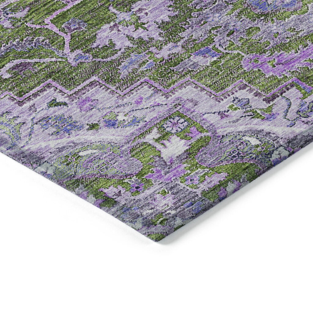 5' X 8' Olive Green And Purple Oriental Washable Indoor Outdoor Area Rug