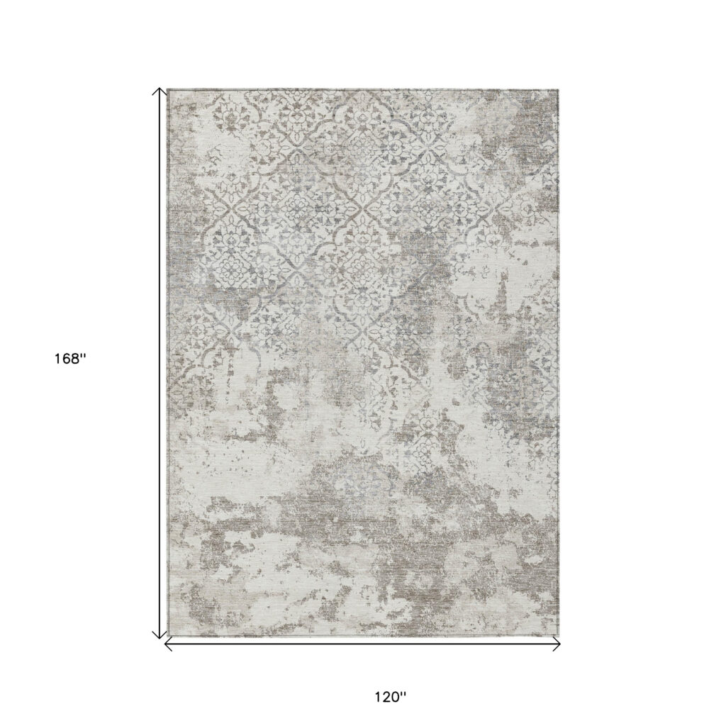 10' X 14' Ivory Beige And Taupe Floral Washable Indoor Outdoor Area Rug
