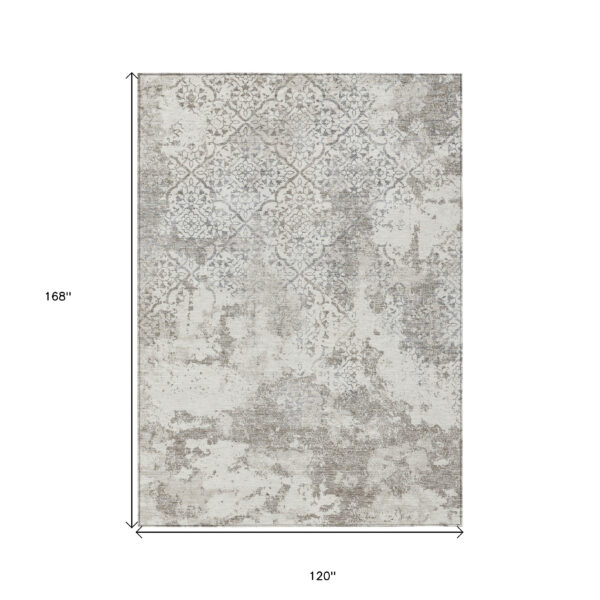 10' X 14' Ivory Beige And Taupe Floral Washable Indoor Outdoor Area Rug