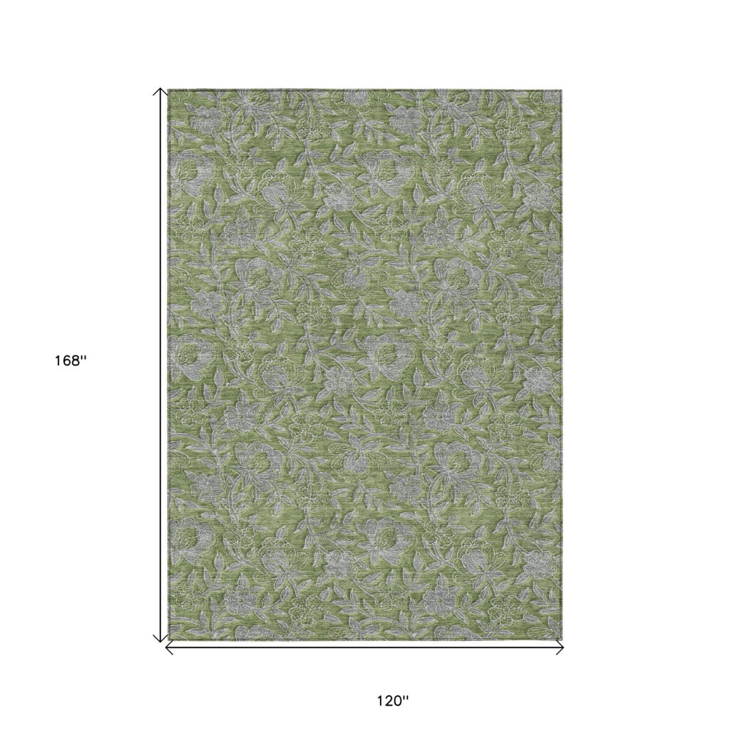 10' X 14' Olive Green And Gray Floral Washable Indoor Outdoor Area Rug