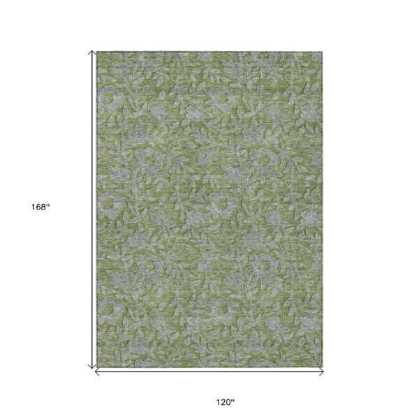 10' X 14' Olive Green And Gray Floral Washable Indoor Outdoor Area Rug