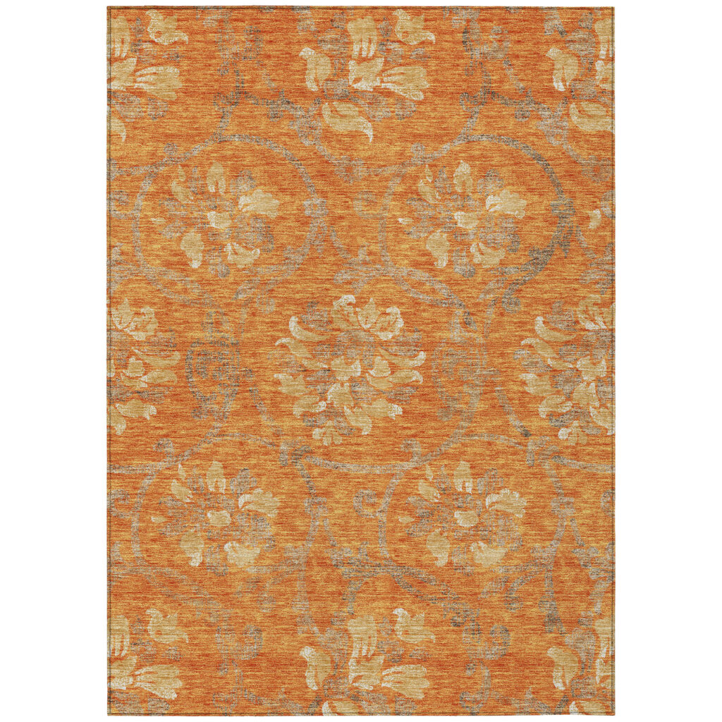 5' X 8' Orange Gray And Beige Floral Washable Indoor Outdoor Area Rug