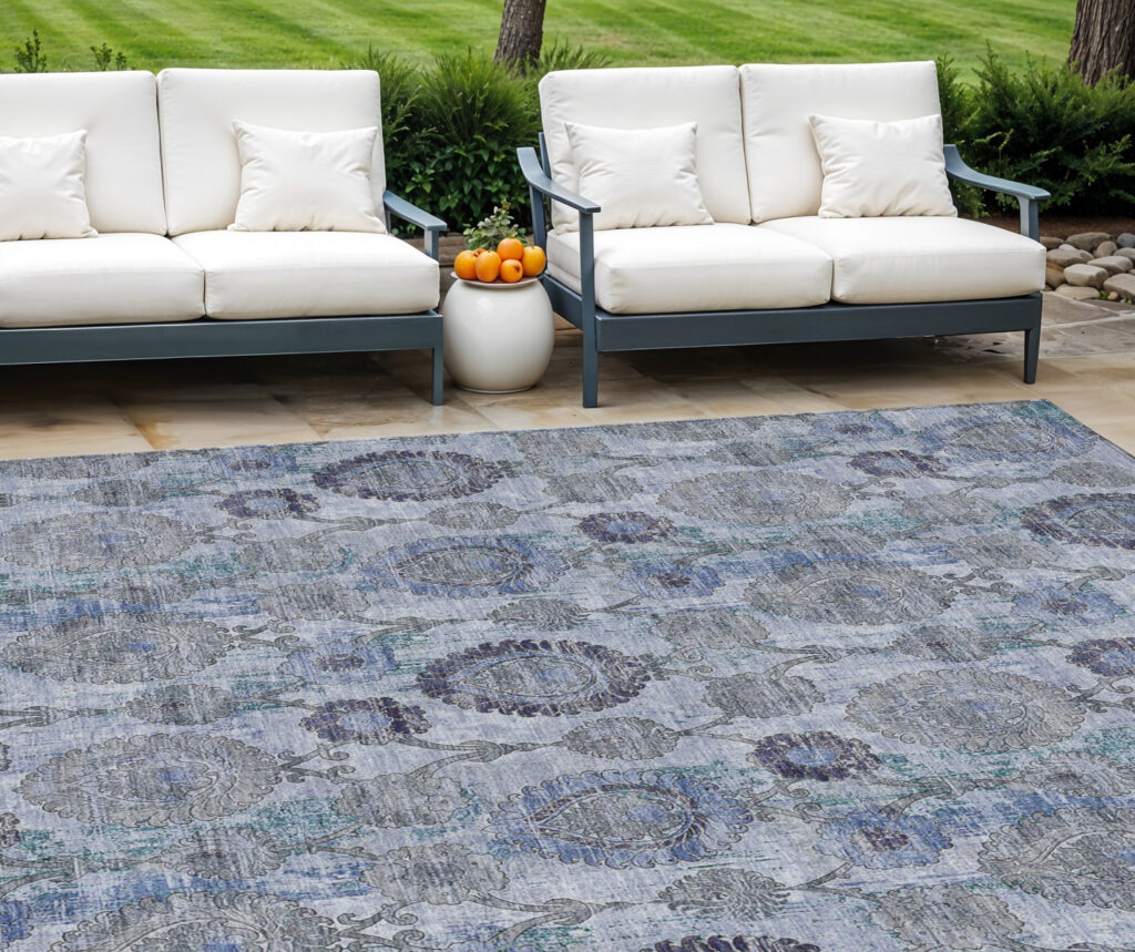 8' X 10' Navy Blue And Sky Blue Damask Washable Indoor Outdoor Area Rug
