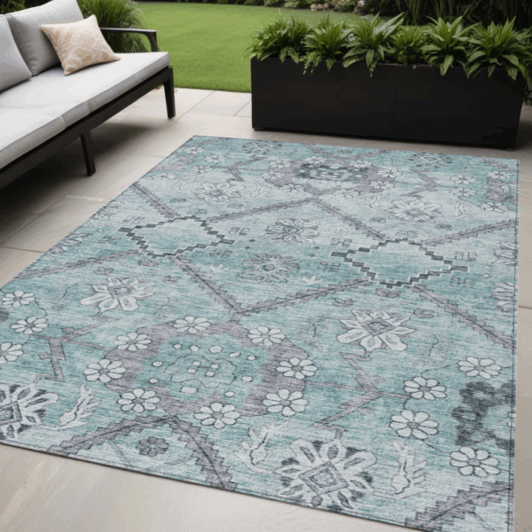 5' X 8' Teal Blue Aqua And Gray Floral Washable Indoor Outdoor Area Rug