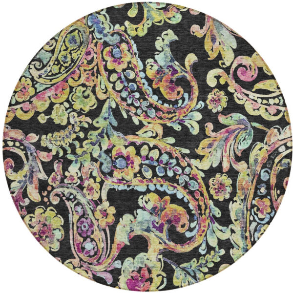 8' Black And Artichoke Green Round Paisley Washable Indoor Outdoor Area Rug