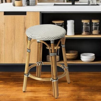 24" Black and White and Natural Heavy Duty Plastic and Rattan Backless Counter Height Bar Chair