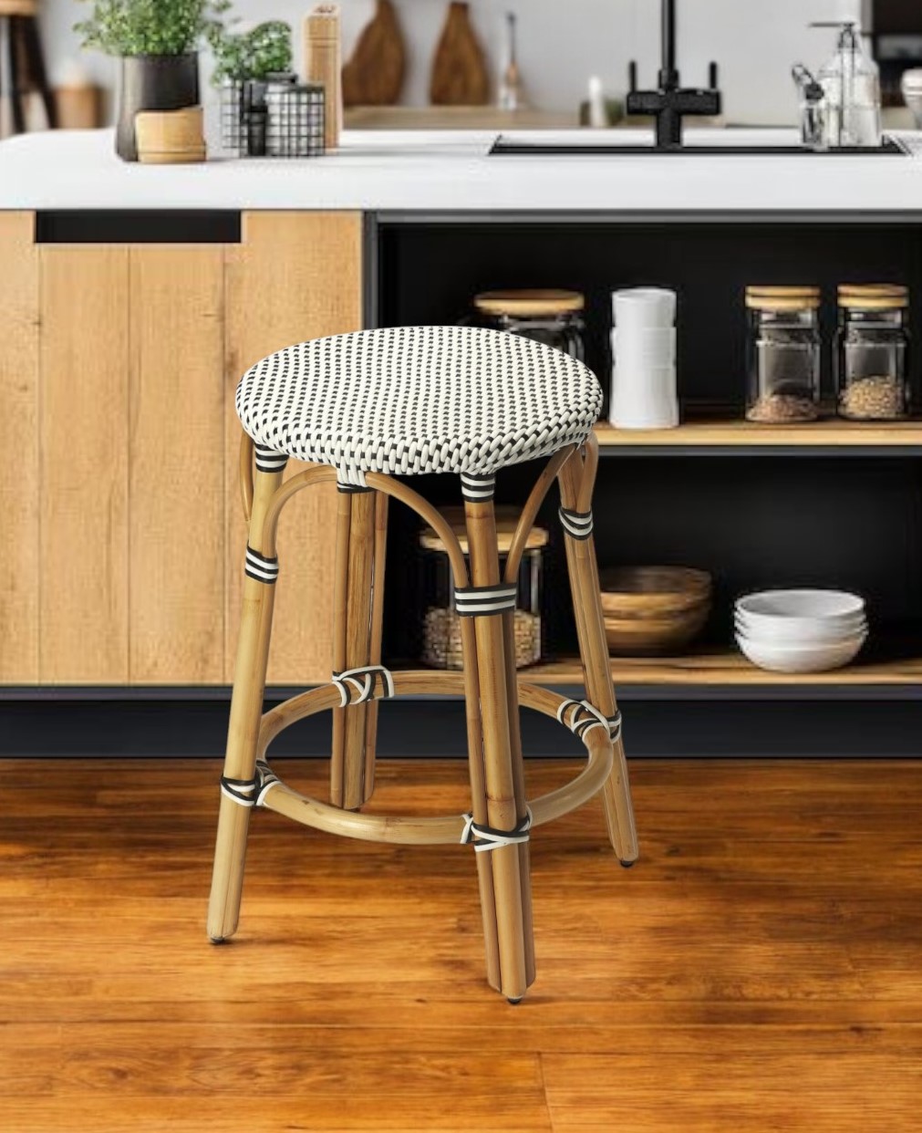 24" Black and White and Natural Heavy Duty Plastic and Rattan Backless Counter Height Bar Chair
