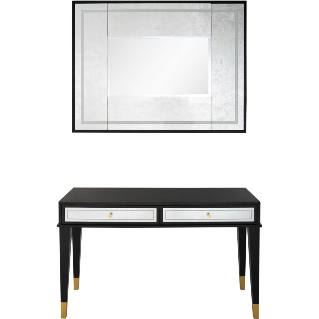 47" Black And Silver Mirrored Wood And Glass Console Table With Two Drawers