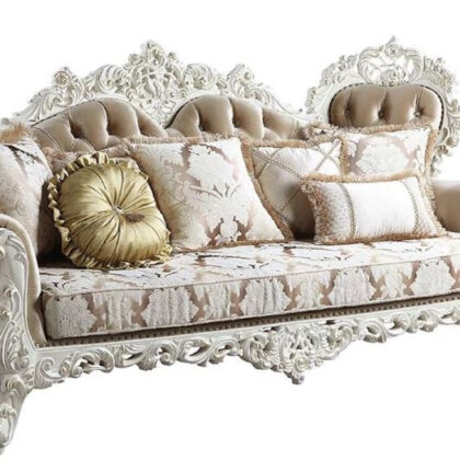 97" Fabric Polyester And White Sofa With Seven Toss Pillows