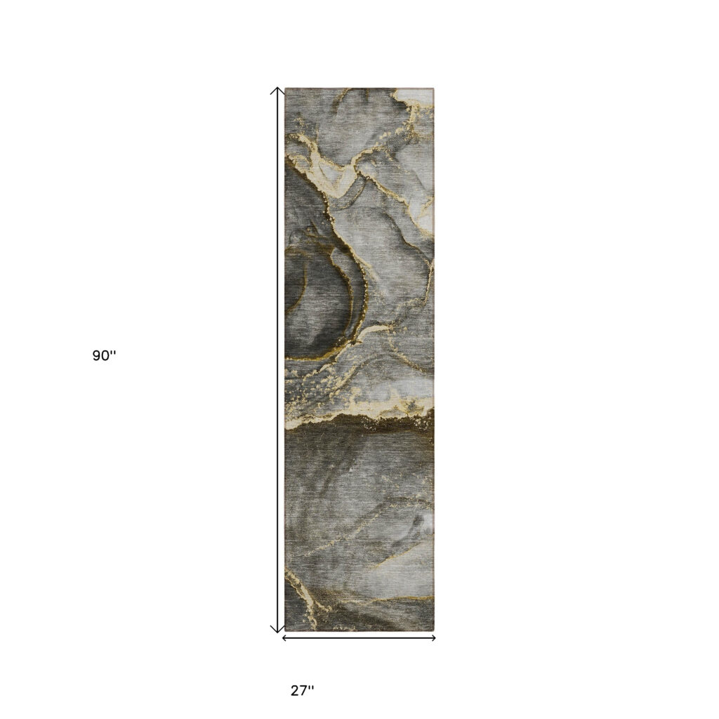 8' Runner Gray and Gold Abstract Washable Non Skid Indoor Outdoor Runner Rug