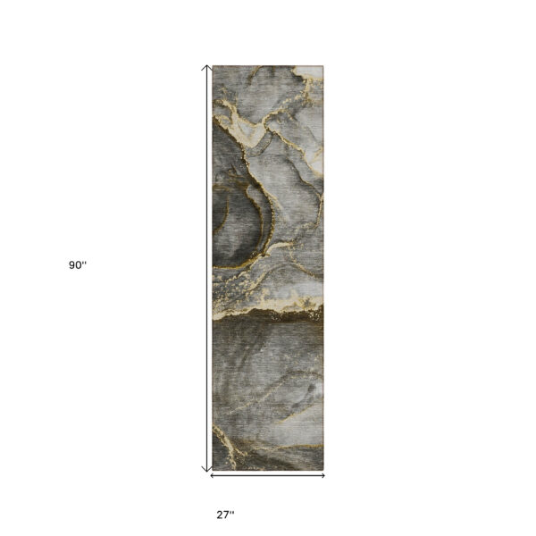 8' Runner Gray and Gold Abstract Washable Non Skid Indoor Outdoor Runner Rug