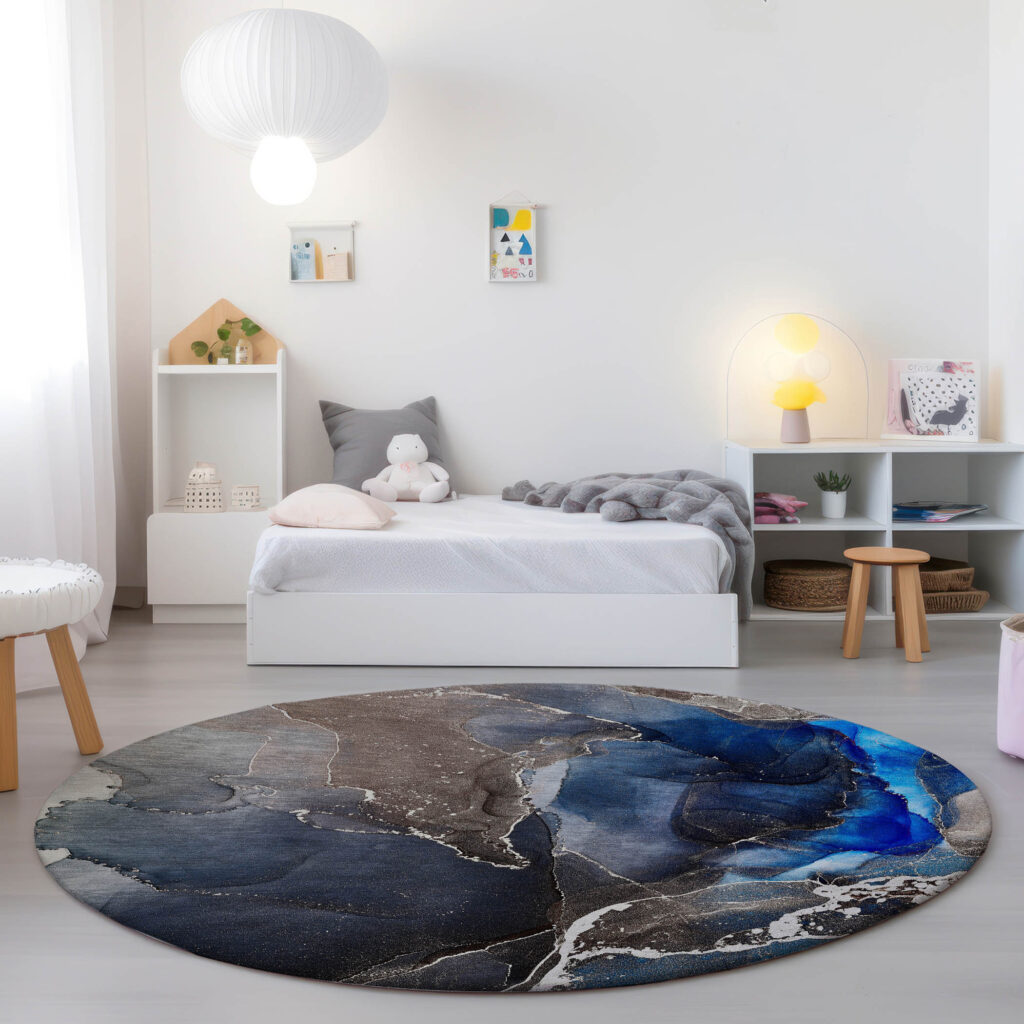 8' Round Blue Round Abstract Washable Non Skid Indoor Outdoor Area Rug