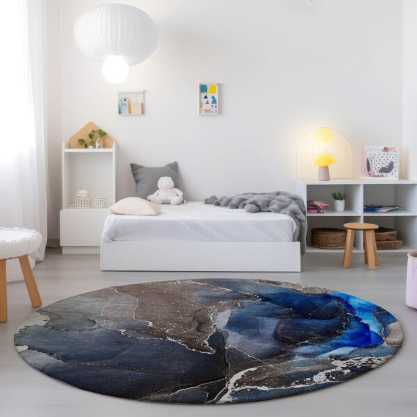 8' Round Blue Round Abstract Washable Non Skid Indoor Outdoor Area Rug