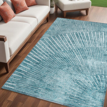 5' X 8' Teal Abstract Washable Non Skid Indoor Outdoor Area Rug