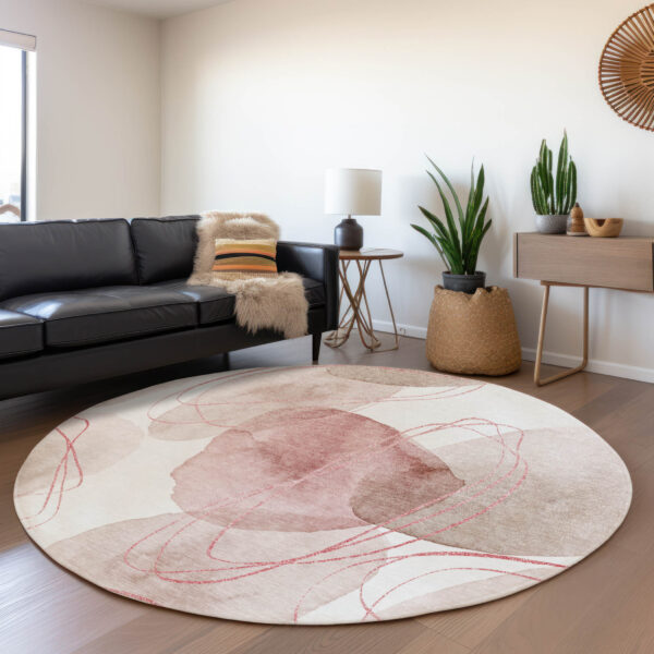 8' Round Merlot and Ivory Round Abstract Washable Non Skid Indoor Outdoor Area Rug