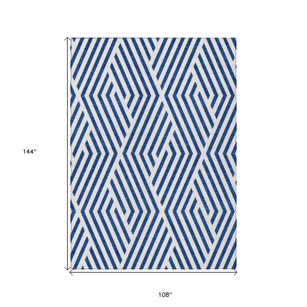 9' X 12' Navy and White Geometric Washable Non Skid Indoor Outdoor Area Rug