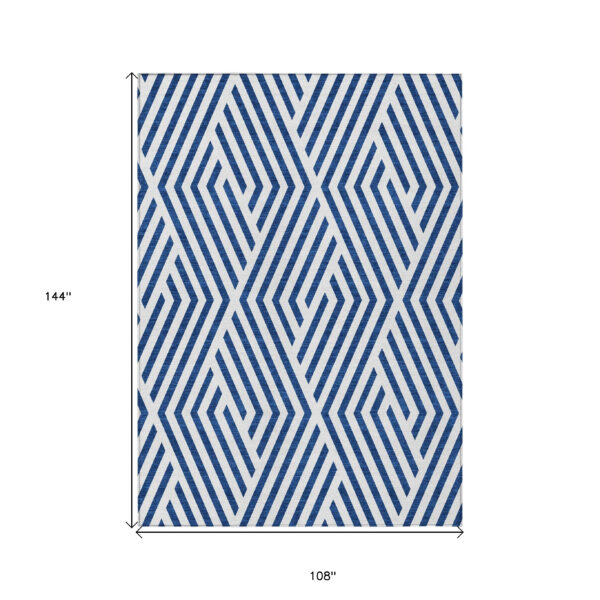 9' X 12' Navy and White Geometric Washable Non Skid Indoor Outdoor Area Rug