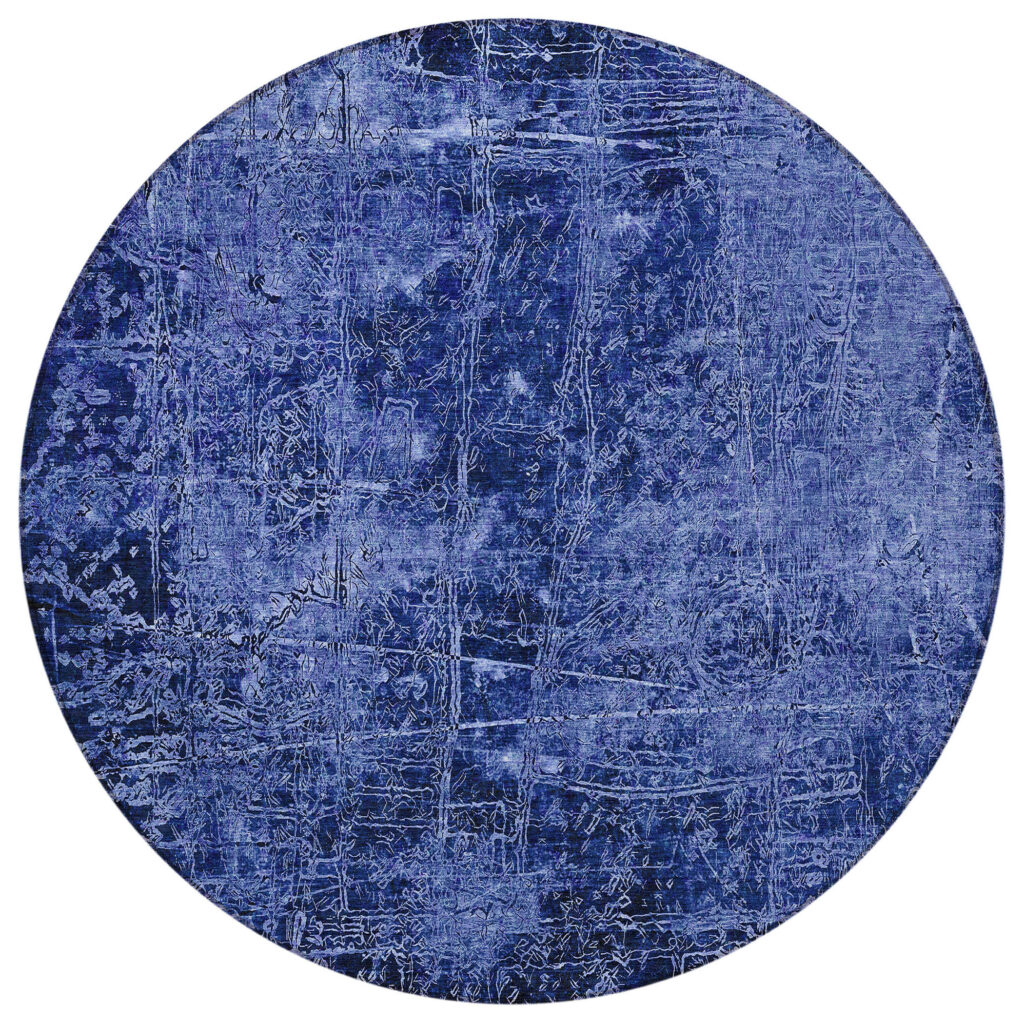 8' Round Navy Blue Round Abstract Washable Non Skid Indoor Outdoor Area Rug