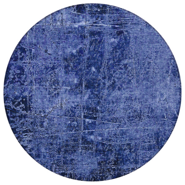 8' Round Navy Blue Round Abstract Washable Non Skid Indoor Outdoor Area Rug