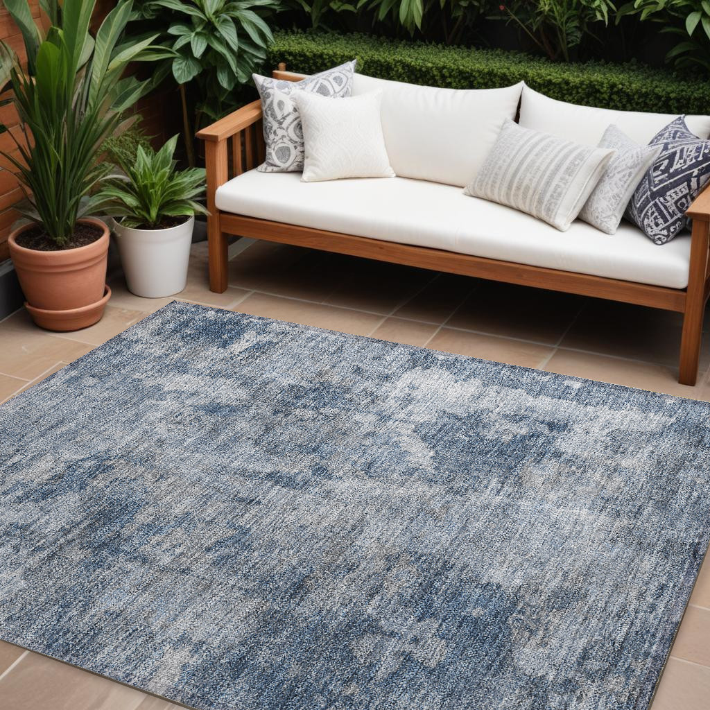 9' X 12' Blue Abstract Washable Non Skid Indoor Outdoor Area Rug