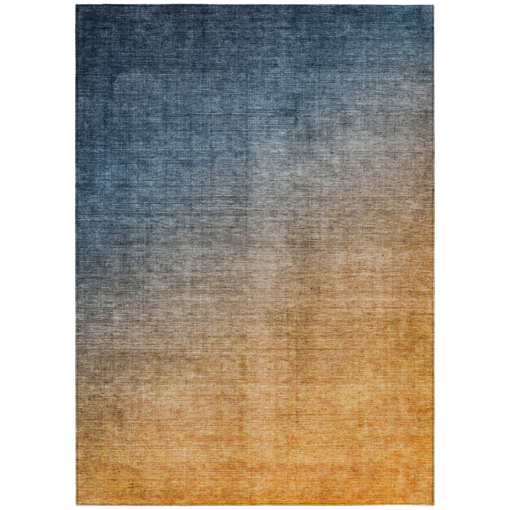5' X 8' Denim and Gold Ombre Washable Non Skid Indoor Outdoor Area Rug
