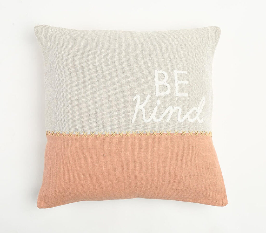 20" Natural and Coral Hand Woven Text Indoor Outdoor Throw Pillow Cover With Embroidery