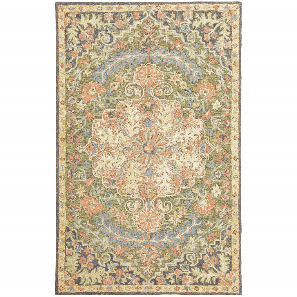 5' X 8' Blue Green Clay And Gold Oriental Tufted Handmade Stain Resistant Area Rug