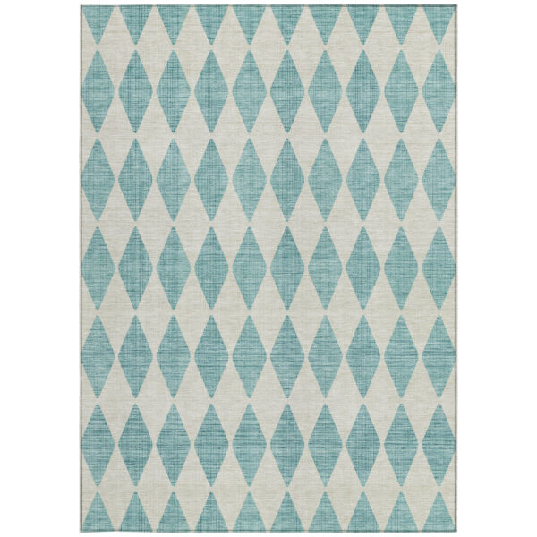 8' X 10' Teal Blue And Ivory Geometric Washable Indoor Outdoor Area Rug
