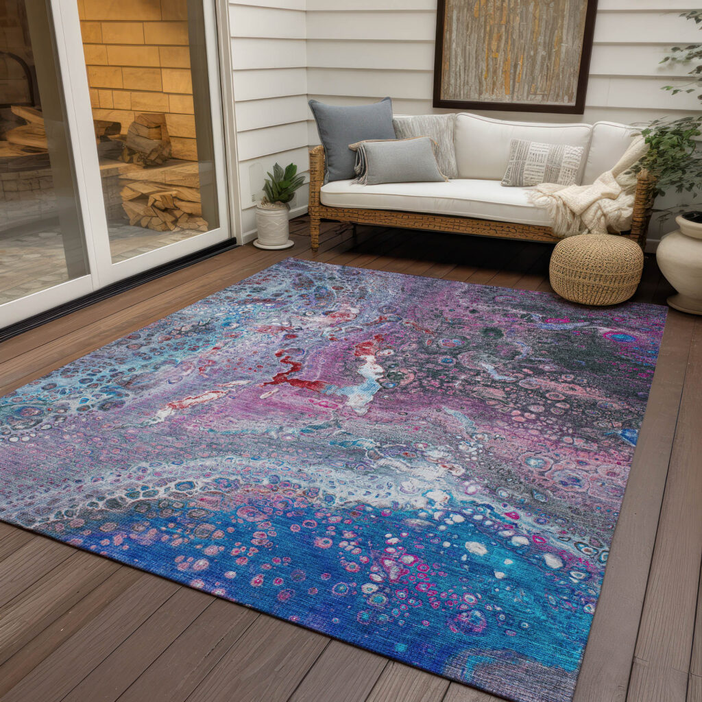 9' X 12' Sky Blue And Purple Abstract Washable Indoor Outdoor Area Rug
