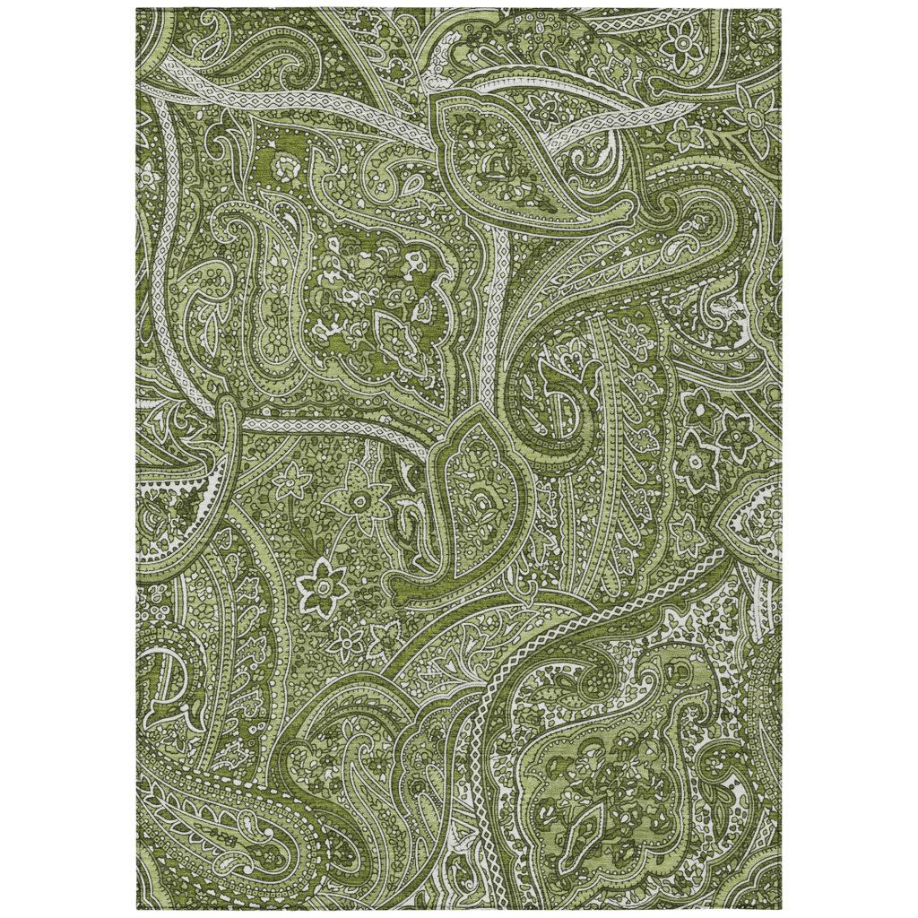 10' X 14' Artichoke Green And Olive Green Paisley Washable Indoor Outdoor Area Rug