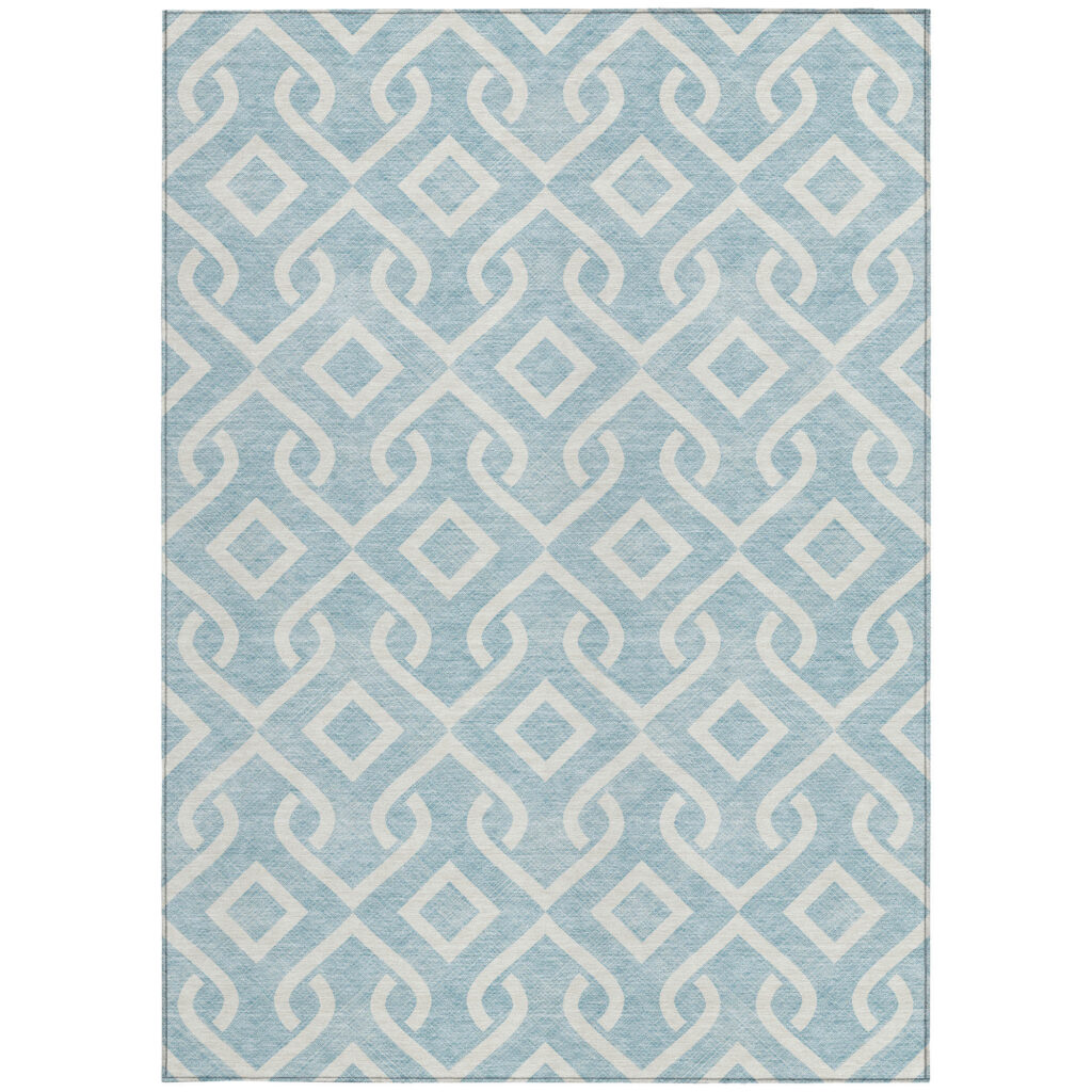9' X 12' Sky Blue And Ivory Geometric Washable Indoor Outdoor Area Rug