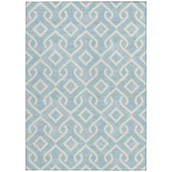 9' X 12' Sky Blue And Ivory Geometric Washable Indoor Outdoor Area Rug