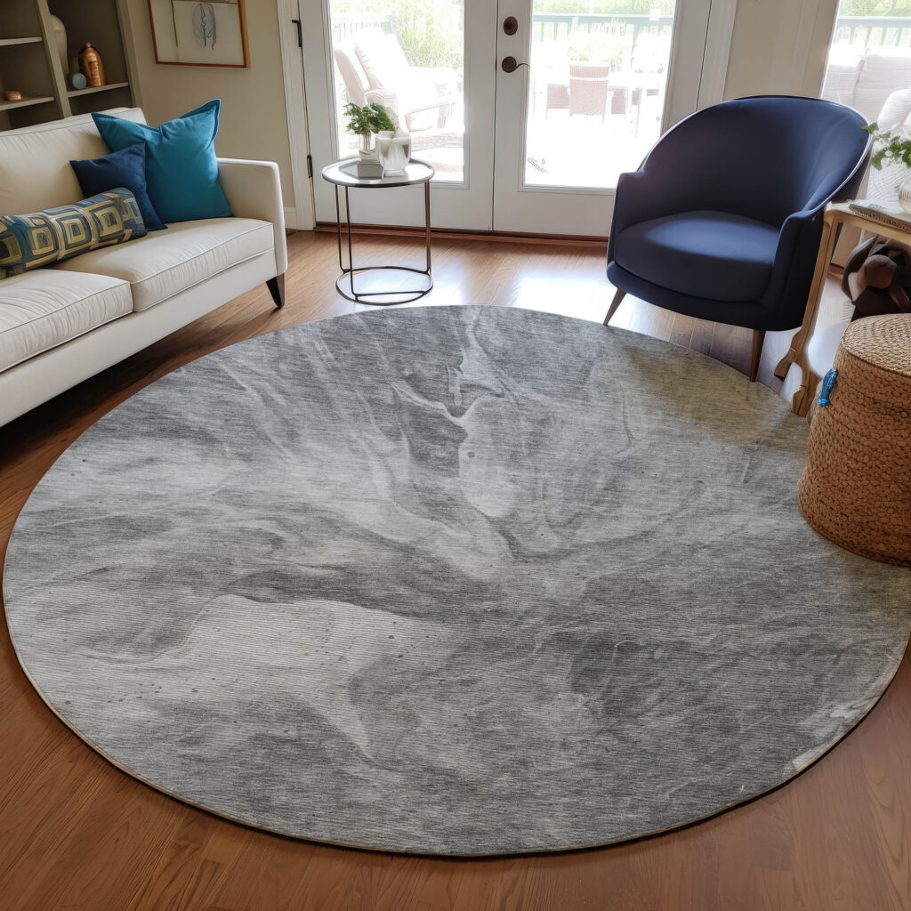 8' Gray Silver And Charcoal Round Abstract Washable Indoor Outdoor Area Rug