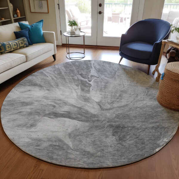 8' Gray Silver And Charcoal Round Abstract Washable Indoor Outdoor Area Rug