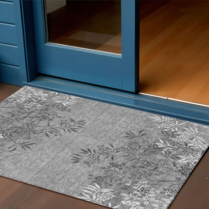 3' X 5' Gray Charcoal And Ivory Floral Washable Indoor Outdoor Area Rug
