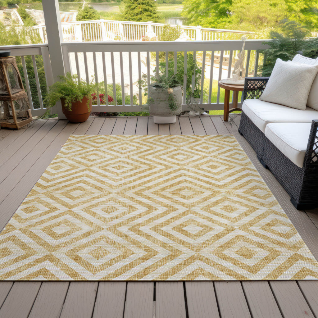 3' X 5' Gold Beige And Ivory Geometric Washable Indoor Outdoor Area Rug
