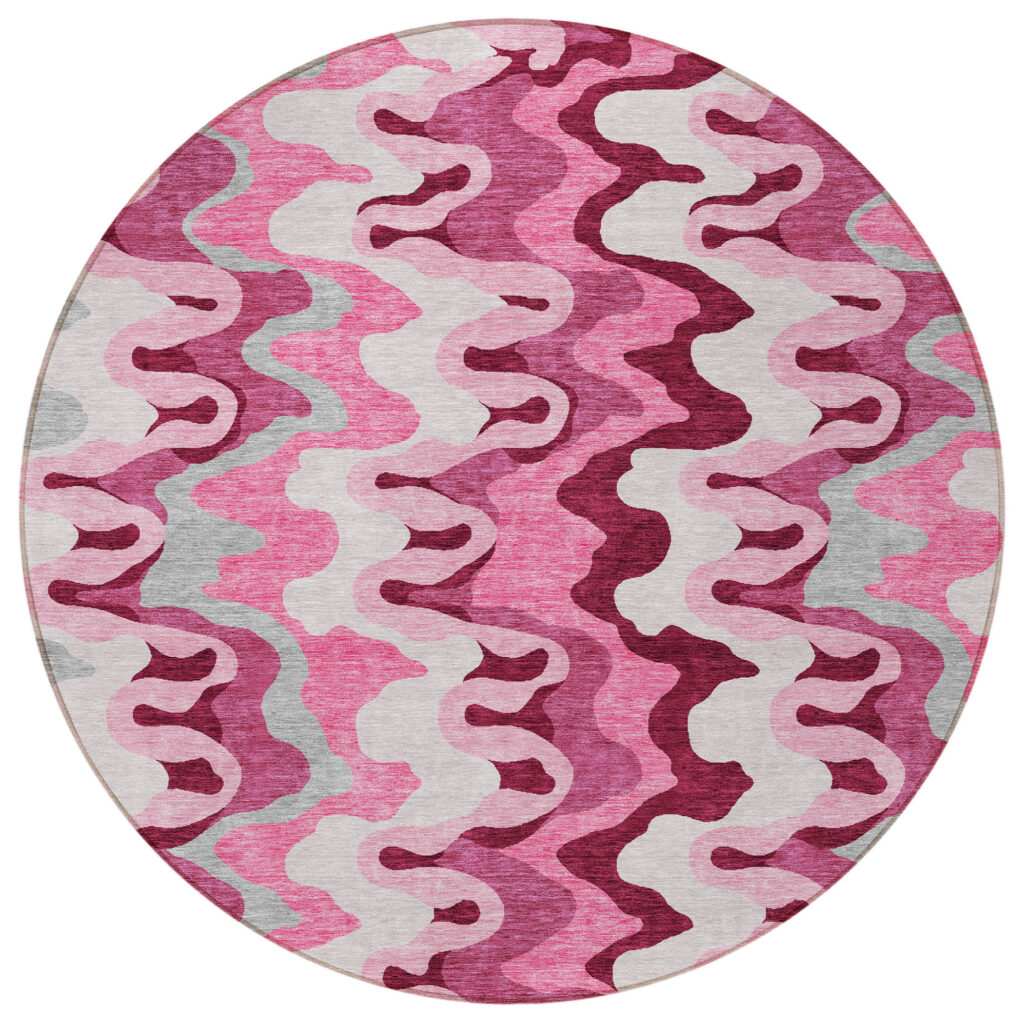 8' Blush Pink And Mauve Round Abstract Washable Indoor Outdoor Area Rug