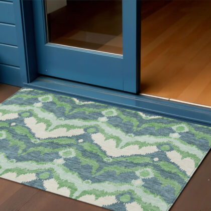 3' X 5' Green Ivory And Blue Ikat Washable Indoor Outdoor Area Rug