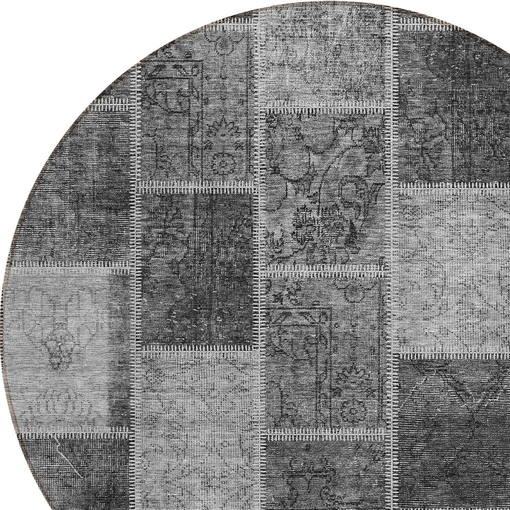 8' Gray Charcoal And Silver Round Patchwork Washable Indoor Outdoor Area Rug