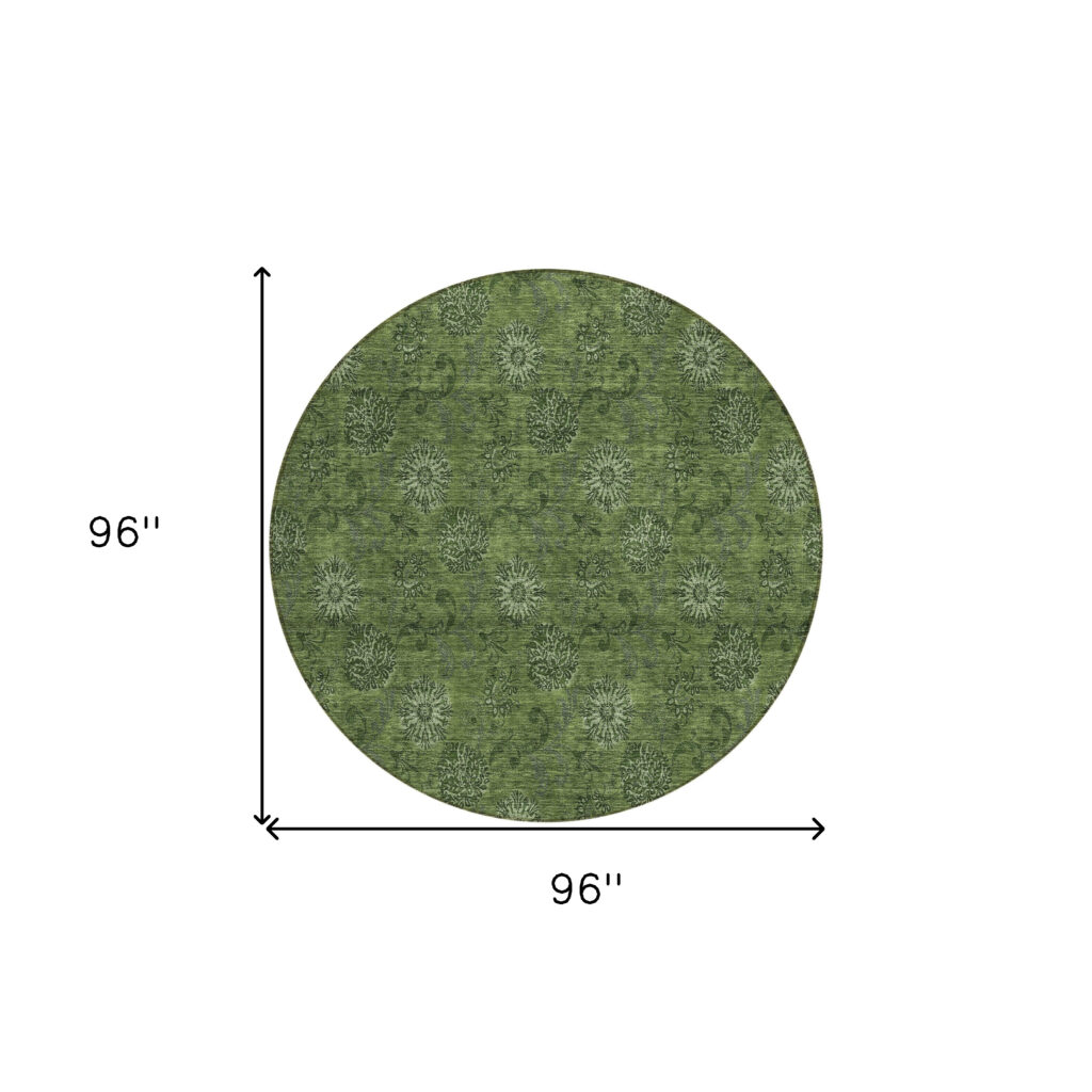 8' Olive Green And Green Round Floral Washable Indoor Outdoor Area Rug