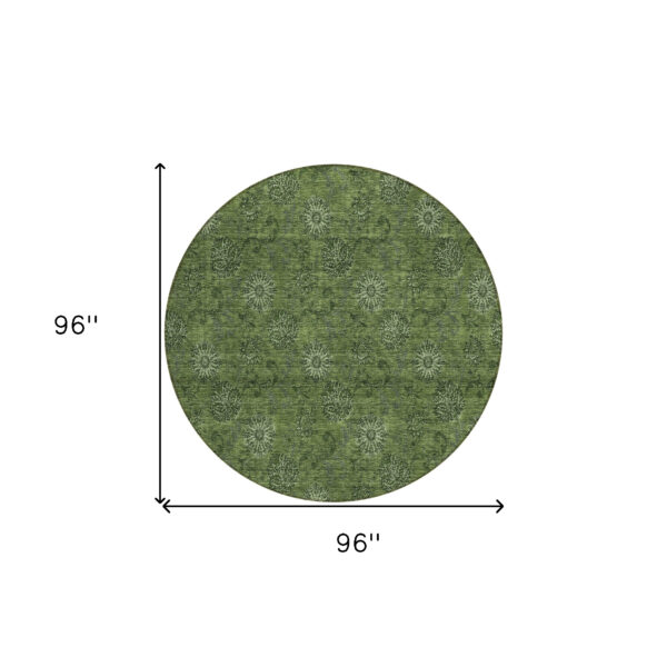 8' Olive Green And Green Round Floral Washable Indoor Outdoor Area Rug