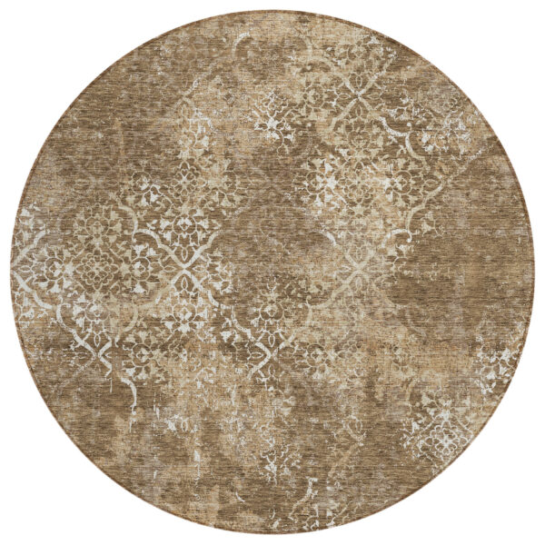 8' Brown Taupe And Ivory Round Floral Washable Indoor Outdoor Area Rug