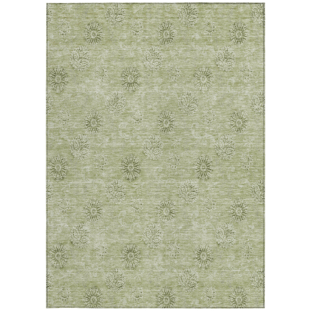 9' X 12' Sage And Artichoke Green Floral Washable Indoor Outdoor Area Rug