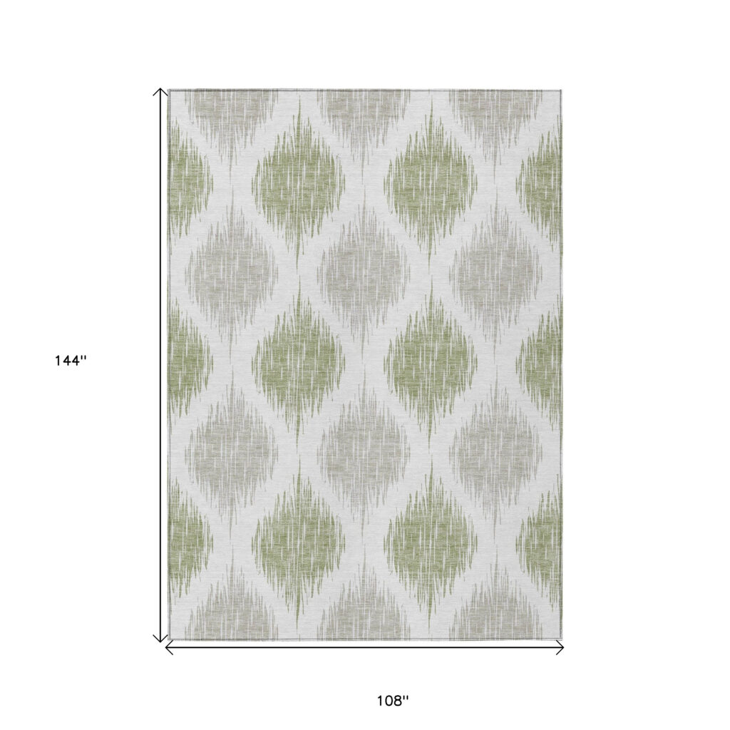 9' X 12' Artichoke Green Ivory And Gray Ikat Washable Indoor Outdoor Area Rug