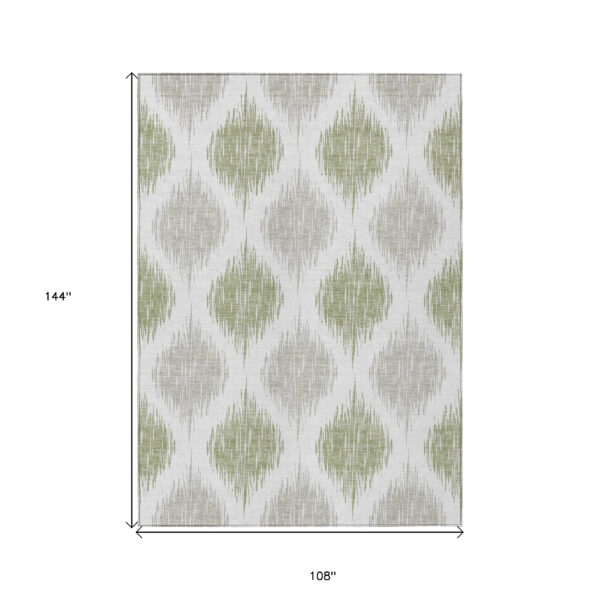 9' X 12' Artichoke Green Ivory And Gray Ikat Washable Indoor Outdoor Area Rug