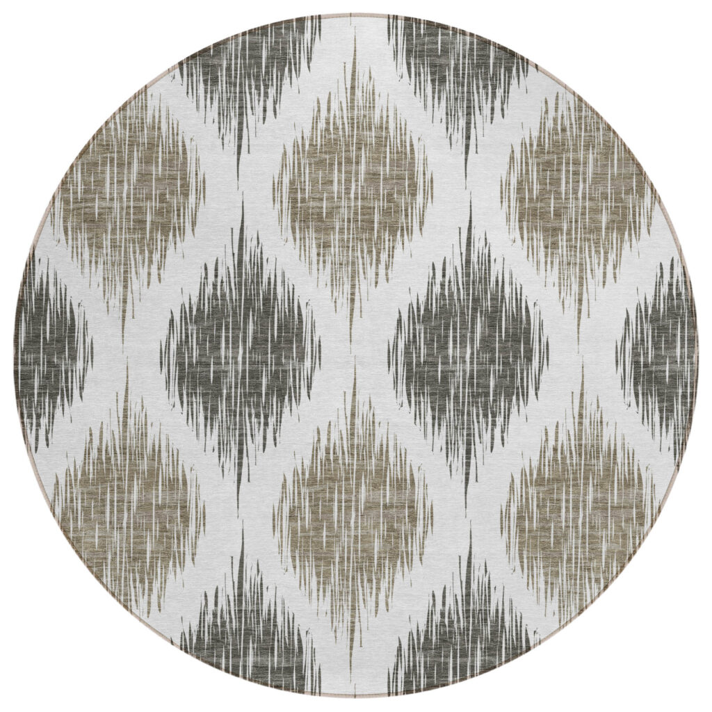 8' Taupe Ivory And Brown Round Ikat Washable Indoor Outdoor Area Rug