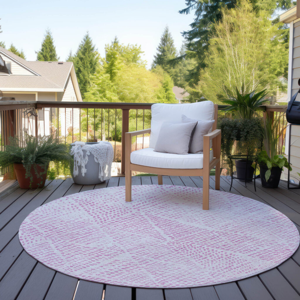 8' Pink And Ivory Round Geometric Washable Indoor Outdoor Area Rug